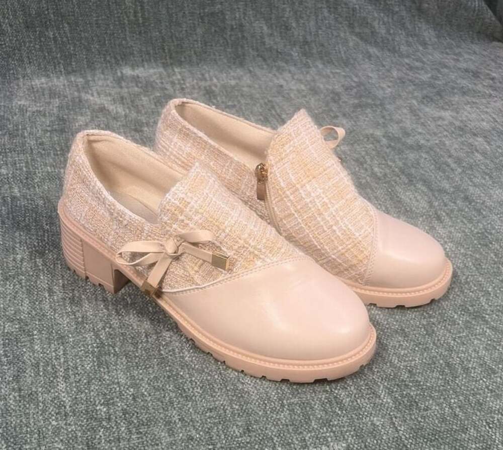 DG Tweed Patch Bowknot Chunky Heel Loafers Shoes Slip On Retro  Women's Size 41